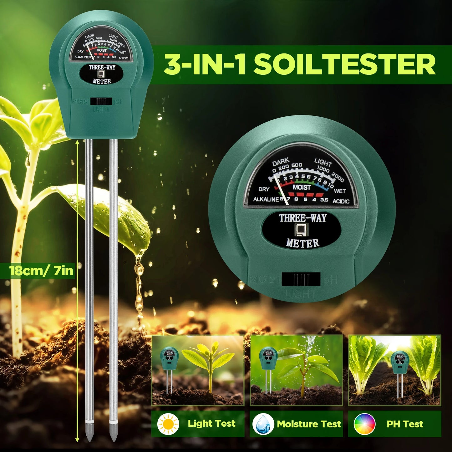 3-in-1 Soil Meter for pH, Moisture & Light | For Plants & Garden