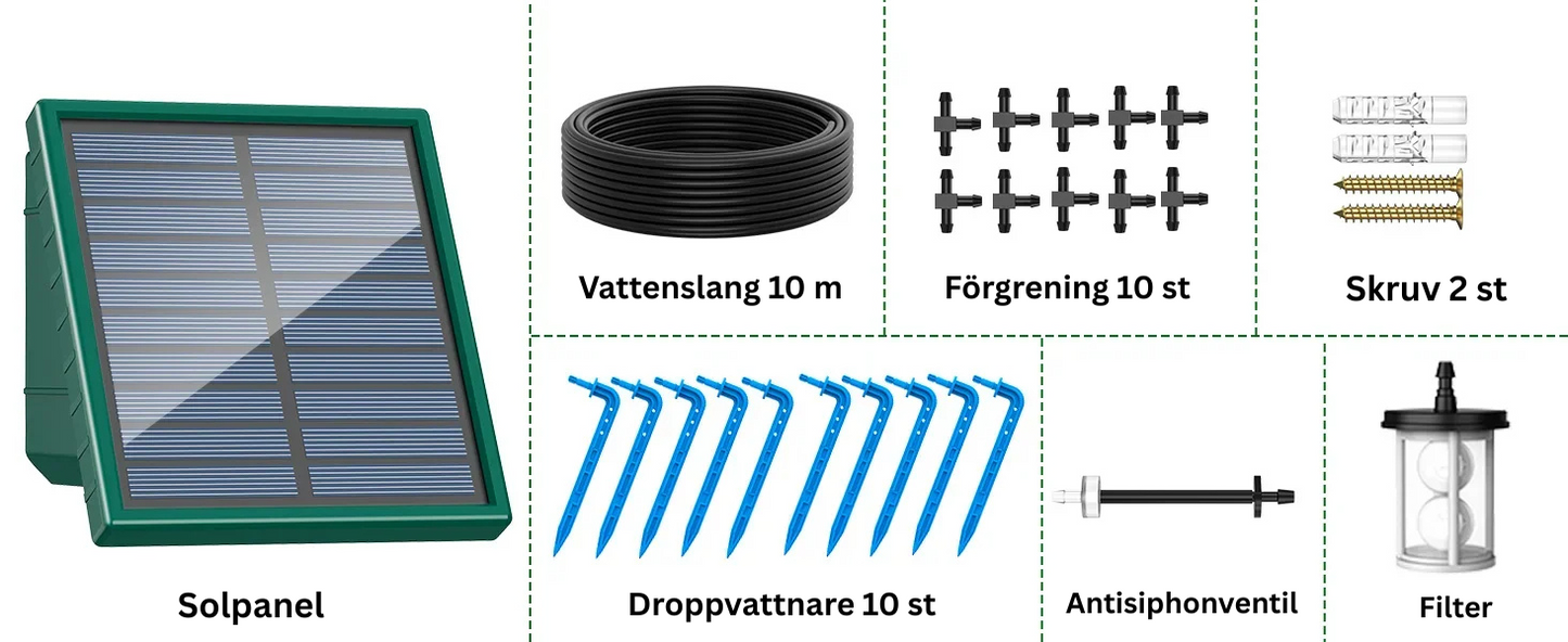 Droppbevattning med solcellsladdning Ingår i paketet